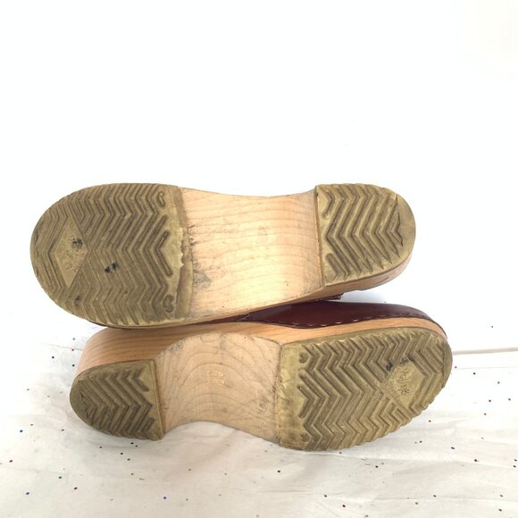 Vollsjo Wine Burgundy Leather Wood Swedish Clogs Mary Jane Ankle Strap - Size 38 - Picture 11 of 13